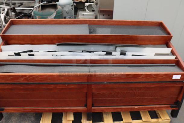 Brand new Marco Company produce display bin, model 568OBP28985SC, in select cherry, 100"x40"x47", scratch-n-dent condition.