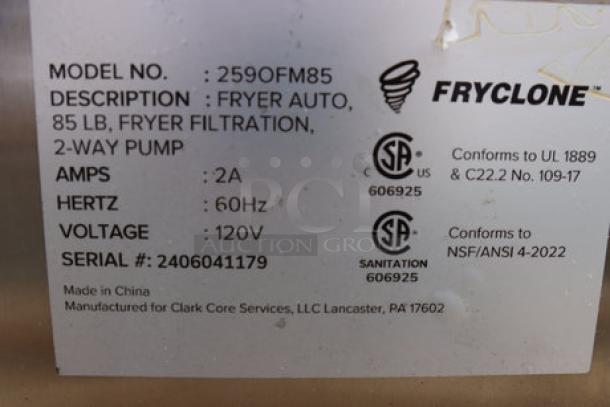 Fryclone Fryer Oil Filter Machine label, Model 259OFM85, 85 lb, 2-way pump, 120V, Serial #2406041179, may be missing parts.