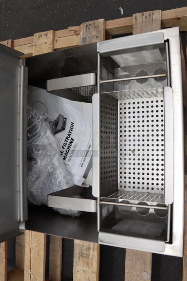 Fryclone 85 lb. low-profile portable fryer oil filter machine, model 259OFM85. Open lid, visible perforated metal basket. Possible missing parts.