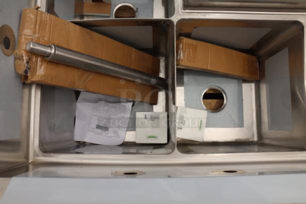 Regency 600S3141414XC commercial corner sink, new, stainless steel, three compartments, basket drains, two drainboards.