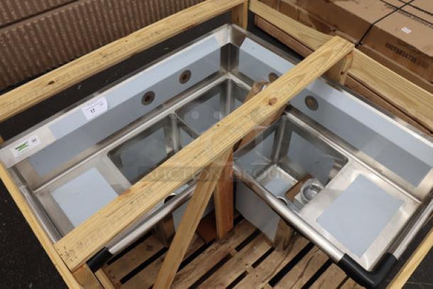Regency 600S3141414XC stainless steel three-compartment corner sink, 44.5", with two drainboards, brand new.