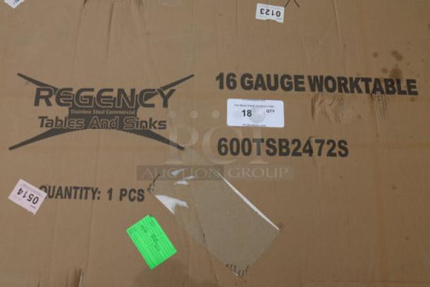 Regency 600TSB2472S, 24"x72" stainless steel work table box. 16-gauge, 4" backsplash, undershelf. Packaging damaged.