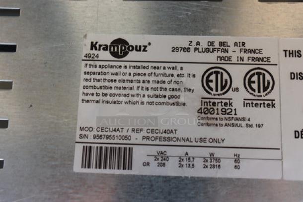 "Krampouz CECIJ4 15 3/4" Dual Electric Crepe Maker label, 240V/3600W, Made in France, ETL certified, S/N: 956795510050."