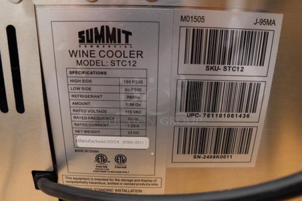 Summit Appliance STC12 wine cooler label with specifications and serial number 2408K0011. Some scratches and dents.