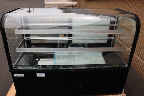 Avantco BC-60-HCB 60" refrigerated bakery display case, black, curved glass, glass broken, S/N: 1644401100024.
