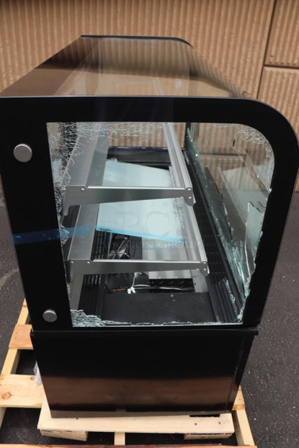 Avantco BC-60-HCB 60" Black Refrigerated Bakery Display Case with broken curved glass, model BC-60-HC, S/N: 1644401100024.