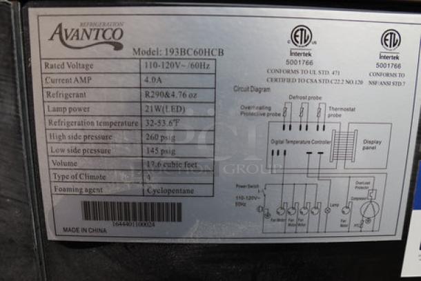 Avantco BC-60-HC refrigerated display case label, showing model 193BC60HCB, specifications, and serial number 1644401100024.