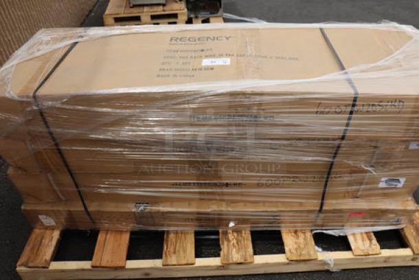 Regency 600PRW20SLKD 20 Pan Side Load Rack in box, unassembled, with labeling error. Pallet wrapped for shipping.