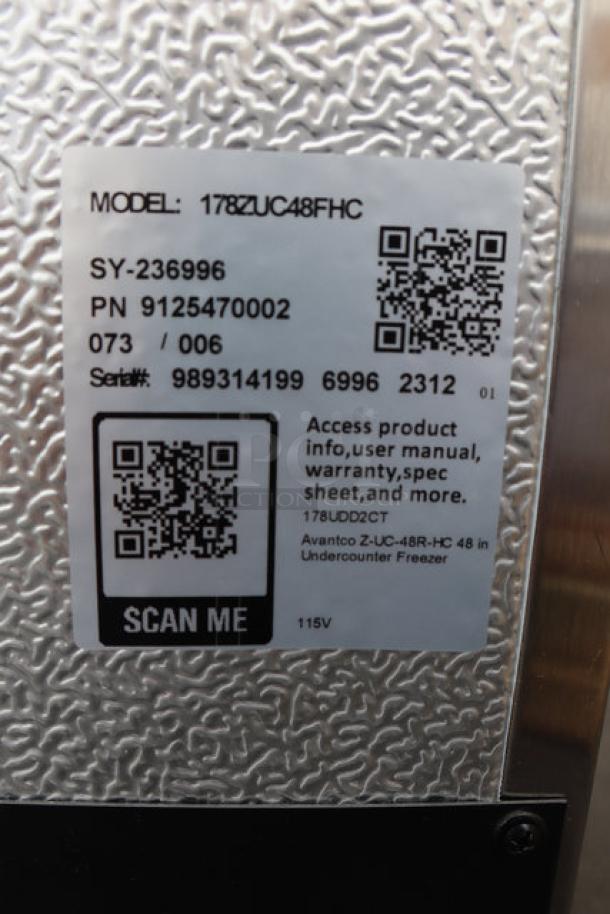 Avantco ZUC-48F-HC 48" undercounter freezer, scratched and dented, S/N 989314199. 115V, 4.5A, 300W, in working order.