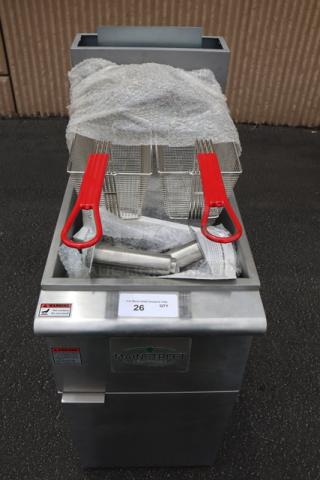 Brand new MainStreet Equipment 541FF40N natural gas fryer, 40 lb. capacity, stainless steel, 90,000 BTU, minor scratches.
