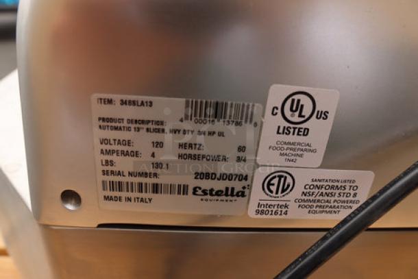 Estella SLA13 13" Heavy-Duty Automatic Meat Slicer, 3/4 hp, UL and ETL listed, with labels showing specifications and serial number 20BDJD0704.