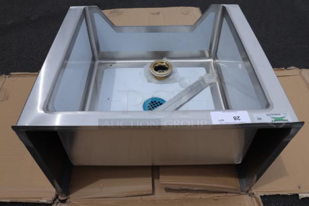 Brand new Regency 600SM242412N 16-gauge stainless steel floor mop sink, 24"x24"x12" bowl, notched front, minor denting on backsplash.