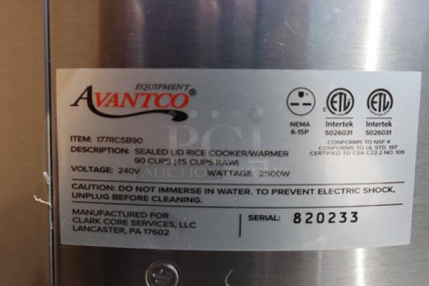 Brand new Avantco RCSB90 digital rice cooker/warmer, 90 cups, 240V, 2,500W. Features hinged lid and labeled for safety.