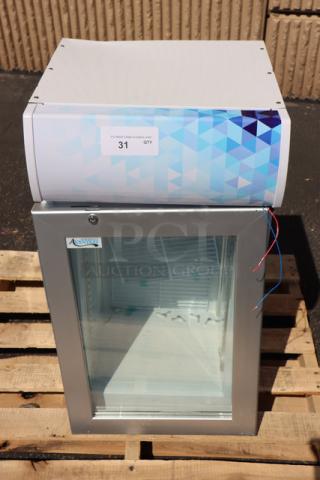 Brand new Avantco CFM2LB countertop freezer, customizable, white with swing door, top-lit header, minor scratches, tested.