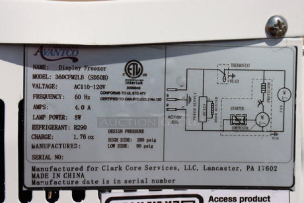 Brand new Avantco CFM2LB customizable countertop freezer label showing model, voltage, amps, refrigerant R290, and manufacturer details.