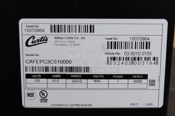Curtis Cafe Series Primo PC3 cappuccino machine label, model CAFEPC3CS10000, 120V, 15 Amps, 1,800 Watts, serial 15070964.