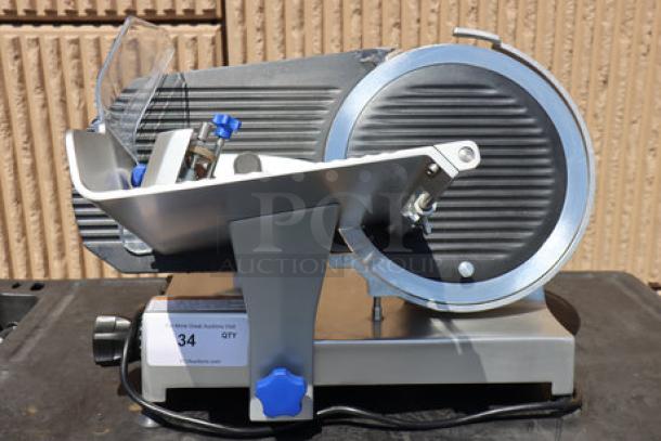 Vollrath 40951 12" meat slicer, 2/5 hp, 120V, with damaged sharpener support. New, scratch-and-dent condition.