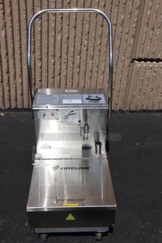 Fryclone 55 lb. fryer oil filter machine, model 259OFM55. New, minor food-grade oil spill, 2-way pump, 120V.
