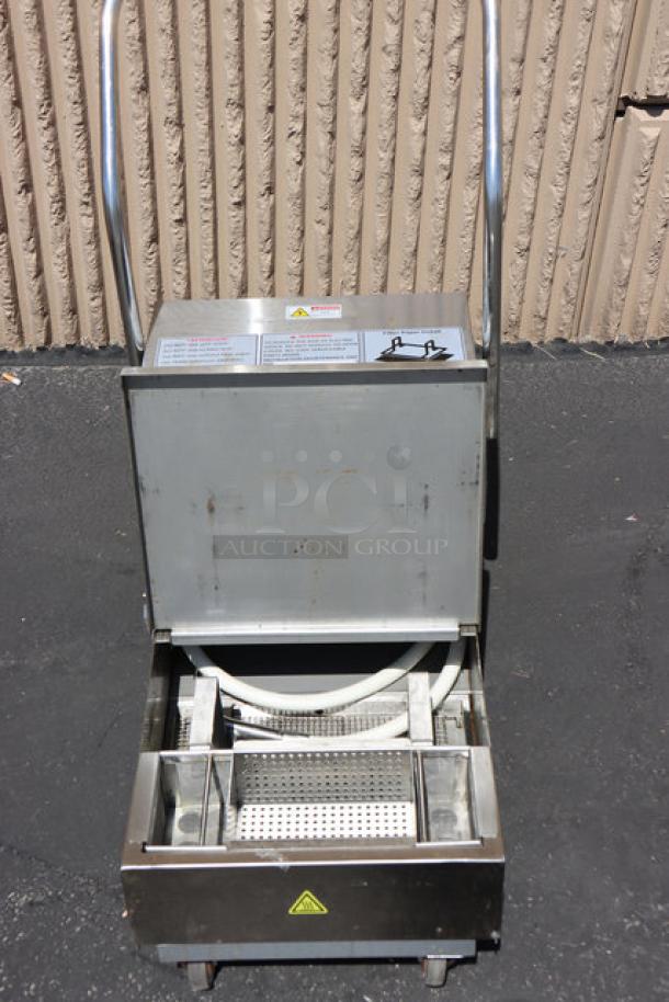 BRAND NEW Fryclone 259OFM55 55 lb. fryer oil filter machine with 2-way pump, stainless steel, food grade oil visible.