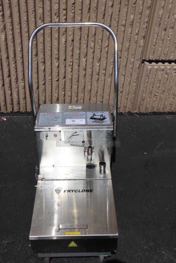 BRAND NEW Fryclone 259OFM55 55 lb. fryer oil filter machine with 2-way pump, 120V, spill present, S/N: 2406041089.