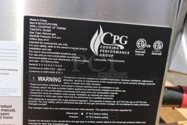 Cooking Performance Group GT-CPG-15-NL gas countertop griddle label. Features 30,000 BTU, thermostatic controls, flame failure protection.