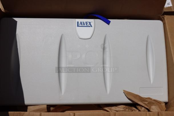 Brand new Lavex 475BCS100GY gray wall-mounted baby changing station, dimensions 34 1/4" x 15 3/8", unboxed.