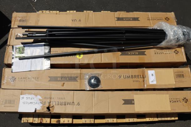 Brand new Lancaster Table & Seating 9' Round Umbrella, Model 427UMFSR09BK, coal black, steel frame, in original packaging.