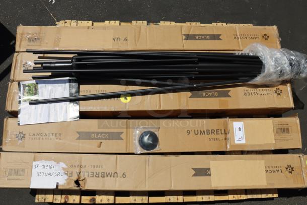 Brand new Lancaster 9' steel umbrella, model 427UMFSR09BK, in coal black. Includes packaging and components.