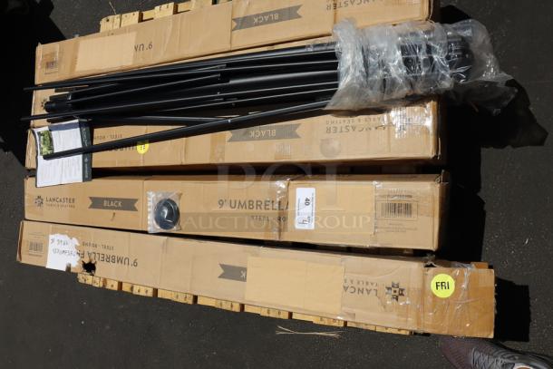 Brand new Lancaster Table & Seating 9' round coal black umbrella, model 427UMFSR09BK, in packaging with instructions.