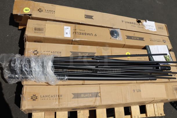 Brand new Lancaster 427UMFSR09BK 9' round coal black umbrella. Includes push lift, black steel frame, packaged on pallets.