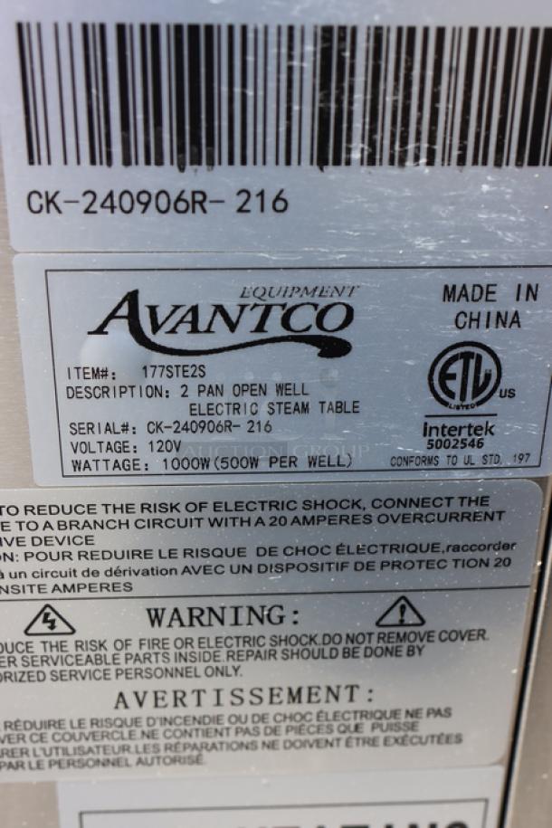 Avantco STE-2S steam table label, serial CK-240906R-216, 120V, 1000W. Model 177STE2S, made in China.