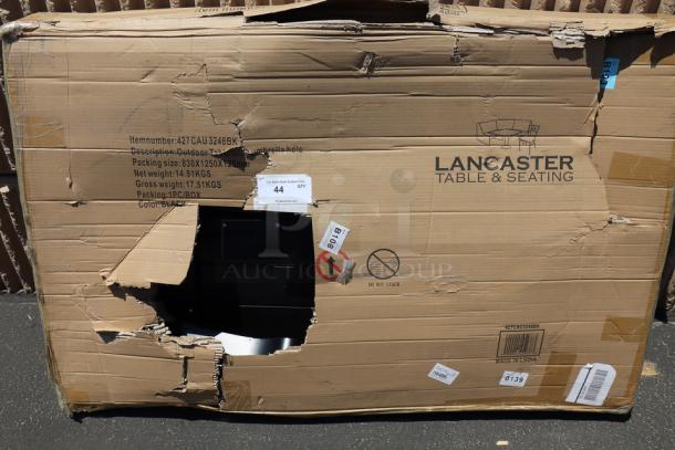BRAND NEW Lancaster Table & Seating 32"x32" black aluminum outdoor table in damaged packaging, model 427CAU3232BK.