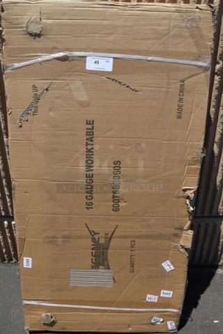 Regency 600TSB3060S work table packaging, 16-gauge stainless steel, 30"x60", includes 4" backsplash, undershelf. Box dented.