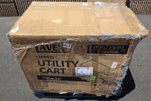 Lavex 36"x24"x35" three-tray steel utility cart in damaged packaging. Model 257LSUC24363, brand new, parts may be missing.