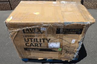 Lavex 36"x24"x35" three-tray steel utility cart in damaged packaging. Model 257LSUC24363, brand new, parts may be missing.