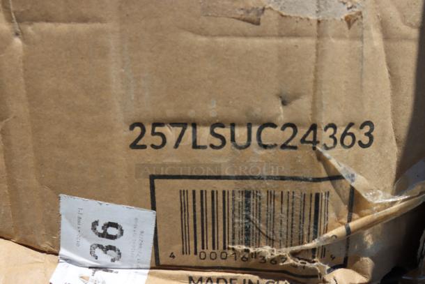 Damaged packaging for Lavex 36" x 24" x 35" steel utility cart, model 257LSUC24363. Parts may be missing.