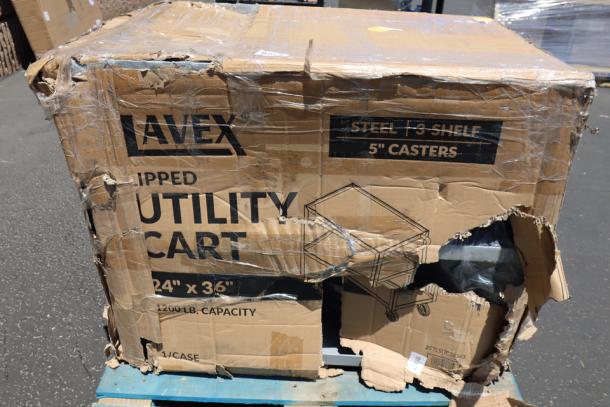 Brand new Lavex 36"x24" steel utility cart, model 257LSUC24363, in damaged packaging. Some parts may be missing.