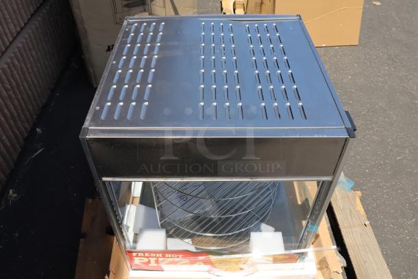 ServIt PDW18D1P 18" Pizza Warmer, rotating 4-shelf pizza and pretzel rack, brand new with dents, undamaged glass.