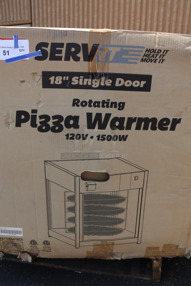ServIt PDW18D1 18" pizza warmer in box, rotating 4-shelf, pretzel rack, 1,500W, some dents, no glass damage, S/N: 1455801010064.