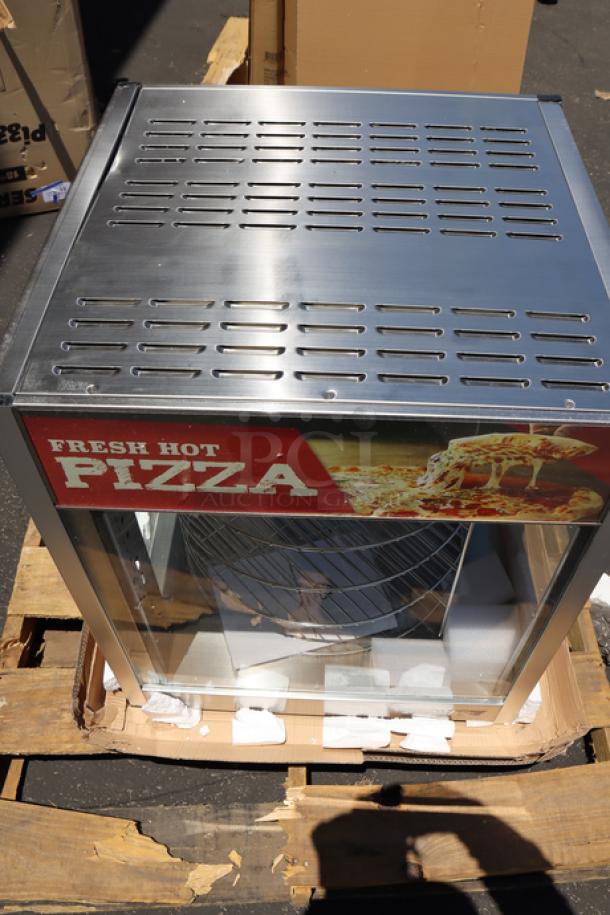 ServIt PDW18D1 18" Pizza Warmer, rotating 4-shelf & pretzel rack, brand new with some dents, undamaged glass.