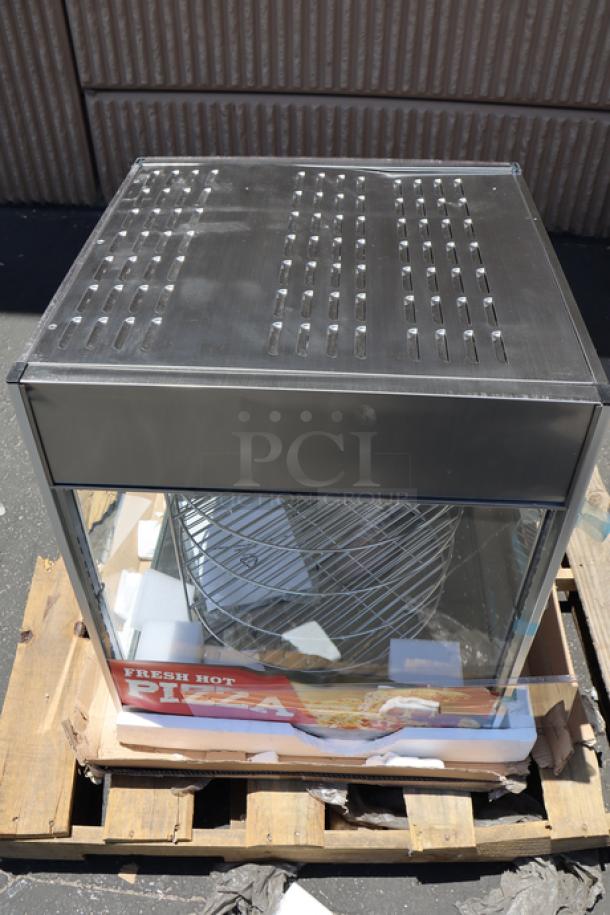 Brand new ServIt PDW18D1 18" pizza warmer with 4-shelf rotating and pretzel rack. Has dents, but glass is intact.
