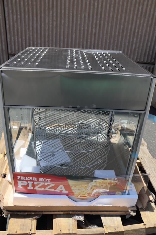 ServIt PDW18D1 18" pizza warmer, new with dents; features rotating 4-shelf pizza rack, pretzel rack; glass intact; 1500W.