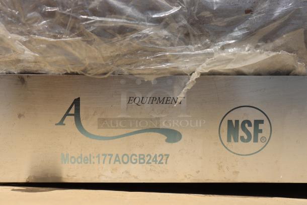 Brand new Avantco 177AOGB2427 24"x27"x4" griddle/broiler top, features NSF certification, labeled with model details.