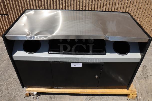 All State Manufacturing OCS490 TR SF coffee stand, 49"x23.25"x34", with condiment tray, trash receptacles, minor dents.