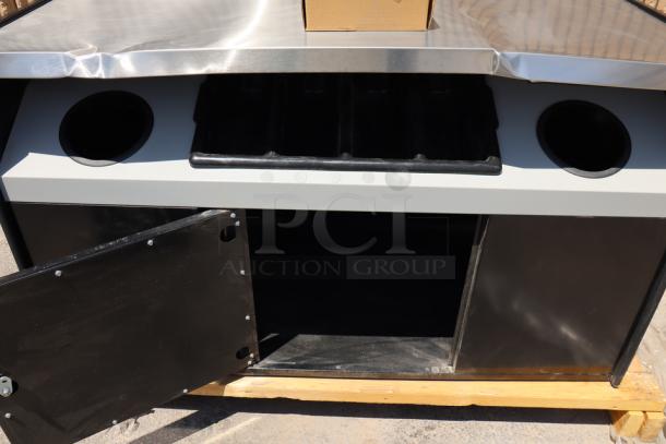 Brand new All State Mfg OCS490 TR SF coffee stand, 49"x23.25"x34", with condiment tray and trash receptacles. Scratch-N-Dent.