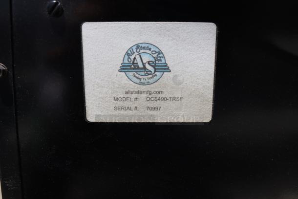 Label on All State Manufacturing OCS490 TR SF coffee stand showing model and serial number 70997.