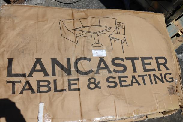 Brand new Lancaster Table & Seating 384YCZ32RNDB 32" round plastic folding table in original wrap. Box slightly damaged by rain.