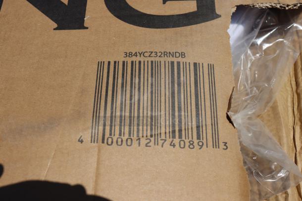 Barcode and model number 384YCZ32RNDB on Lancaster Table & Seating box, showing original packaging condition.