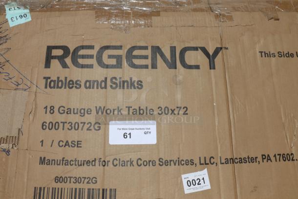 Regency 30"x72" stainless steel work table box, model 600T3072G, new scratch-n-dent, with markings and labels visible.