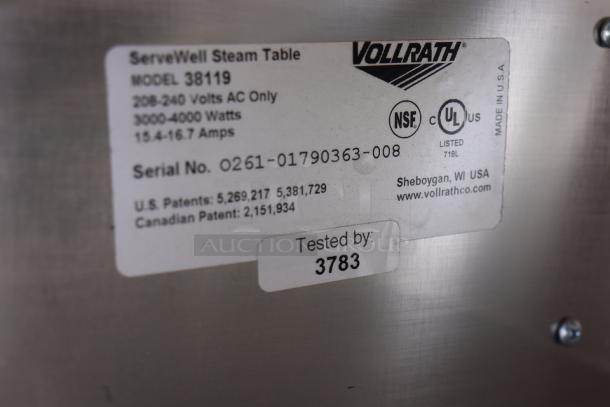 Vollrath ServeWell 38119 Steam Table label with model, voltage, wattage, serial number, and testing info.